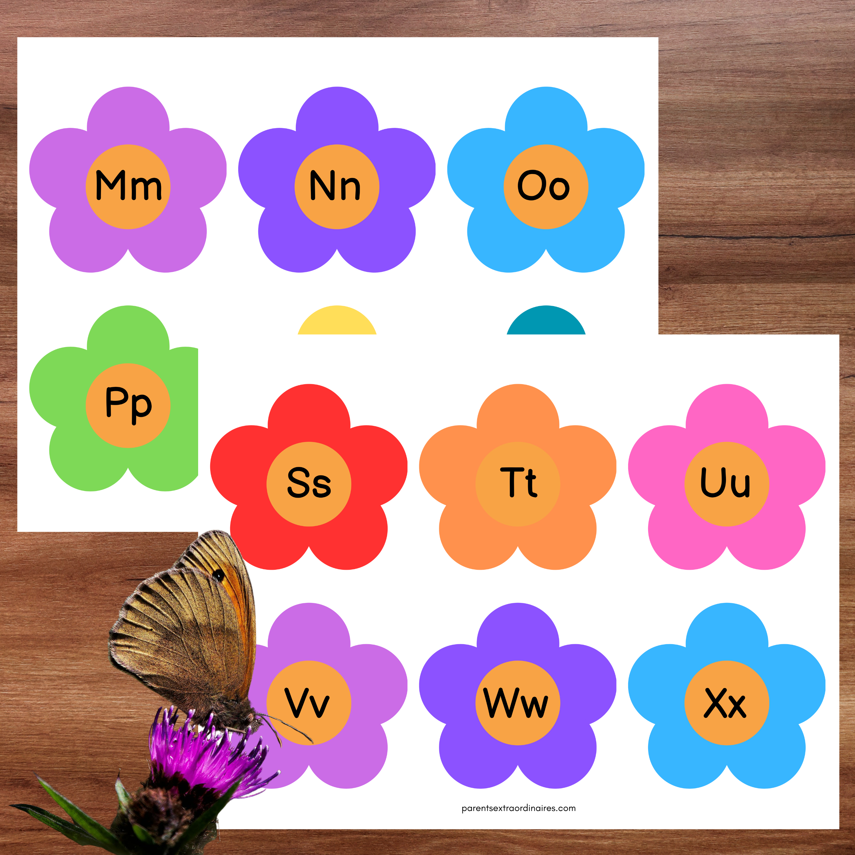 Activité papillons à imprimer incluant nombres de 1 à 10 et alphabet A à Z pour enfants.