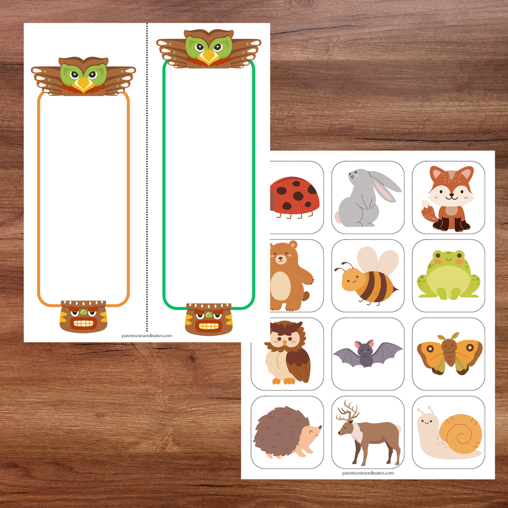 Jeux éducatifs sur les animaux de la forêt comprenant un totem, une activité de catégorisation, un jeu de mémoire et un bricolage 3D.