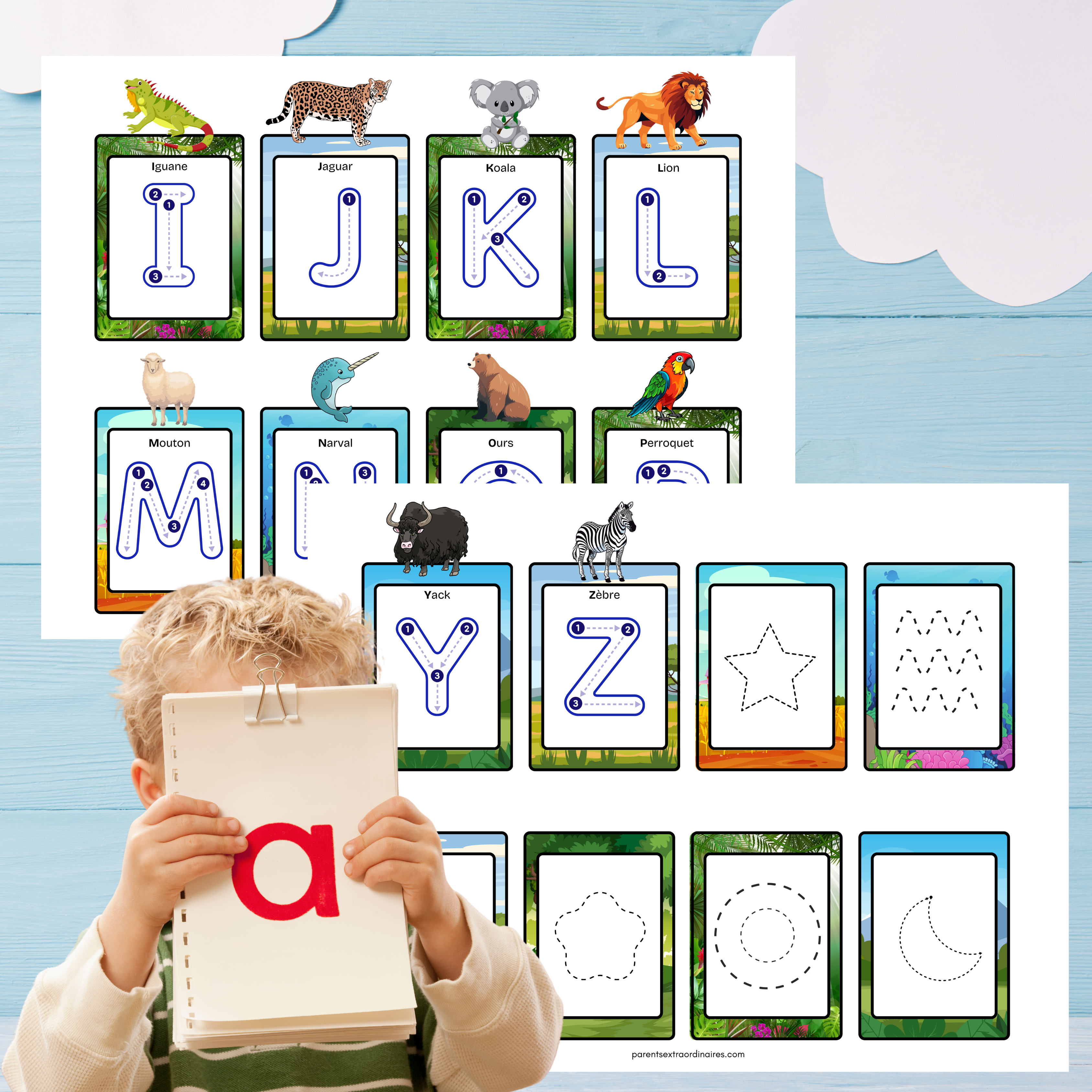 Ensemble d’activités J’apprends l’alphabet à imprimer pour enfants de 2 à 5 ans incluant jeux de lettres, observation et motricité fine.