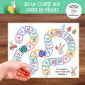Jeu La course aux œufs de Pâques à imprimer où les enfants avancent sur un plateau et accumulent des œufs tout au long du parcours.