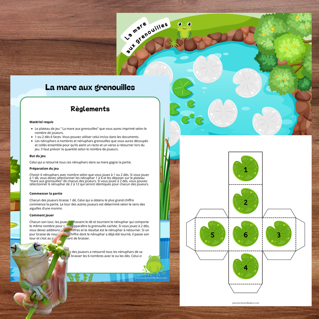 Jeu de dés sur le thème des grenouilles où les enfants retournent les nénuphars de leur mare pour gagner la partie.