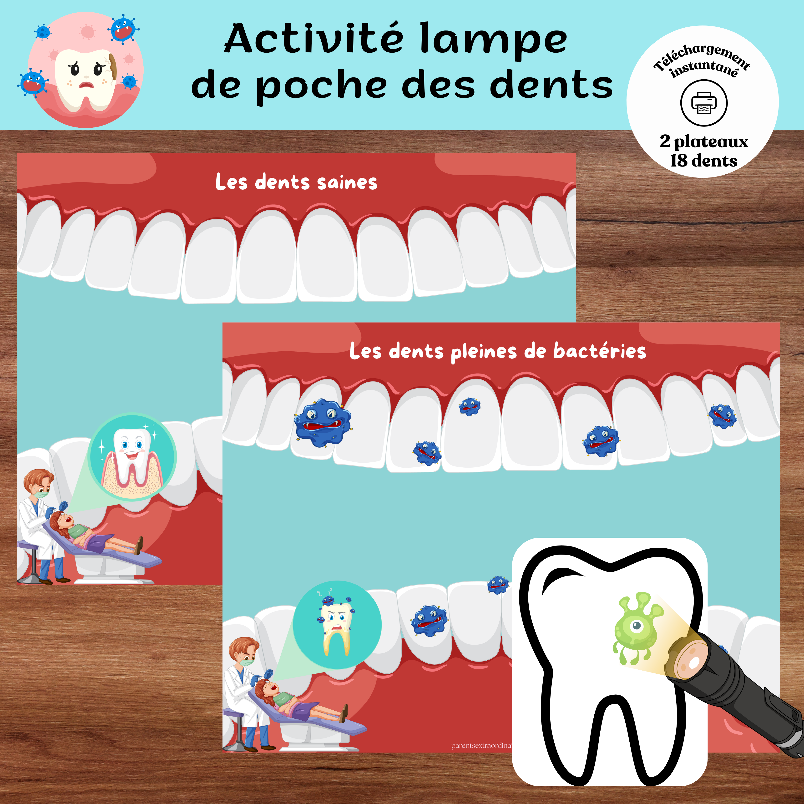Activité lampe de poche des dents à imprimer pour découvrir les dents propres, brillantes ou pleines de bactéries.