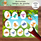 Ensemble d’activités lampe de poche magique sur les dinosaures à imprimer permettant aux enfants de découvrir ce qui se cache dans les œufs en utilisant une lampe de poche. Une activité ludique qui développe le vocabulaire, l’observation des dinosaures