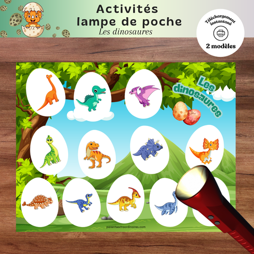 Ensemble d’activités lampe de poche magique sur les dinosaures à imprimer permettant aux enfants de découvrir ce qui se cache dans les œufs en utilisant une lampe de poche. Une activité ludique qui développe le vocabulaire, l’observation des dinosaures