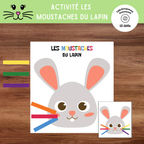 Activité Les moustaches du lapin à imprimer où l’enfant place les moustaches colorées au bon endroit selon un modèle.
