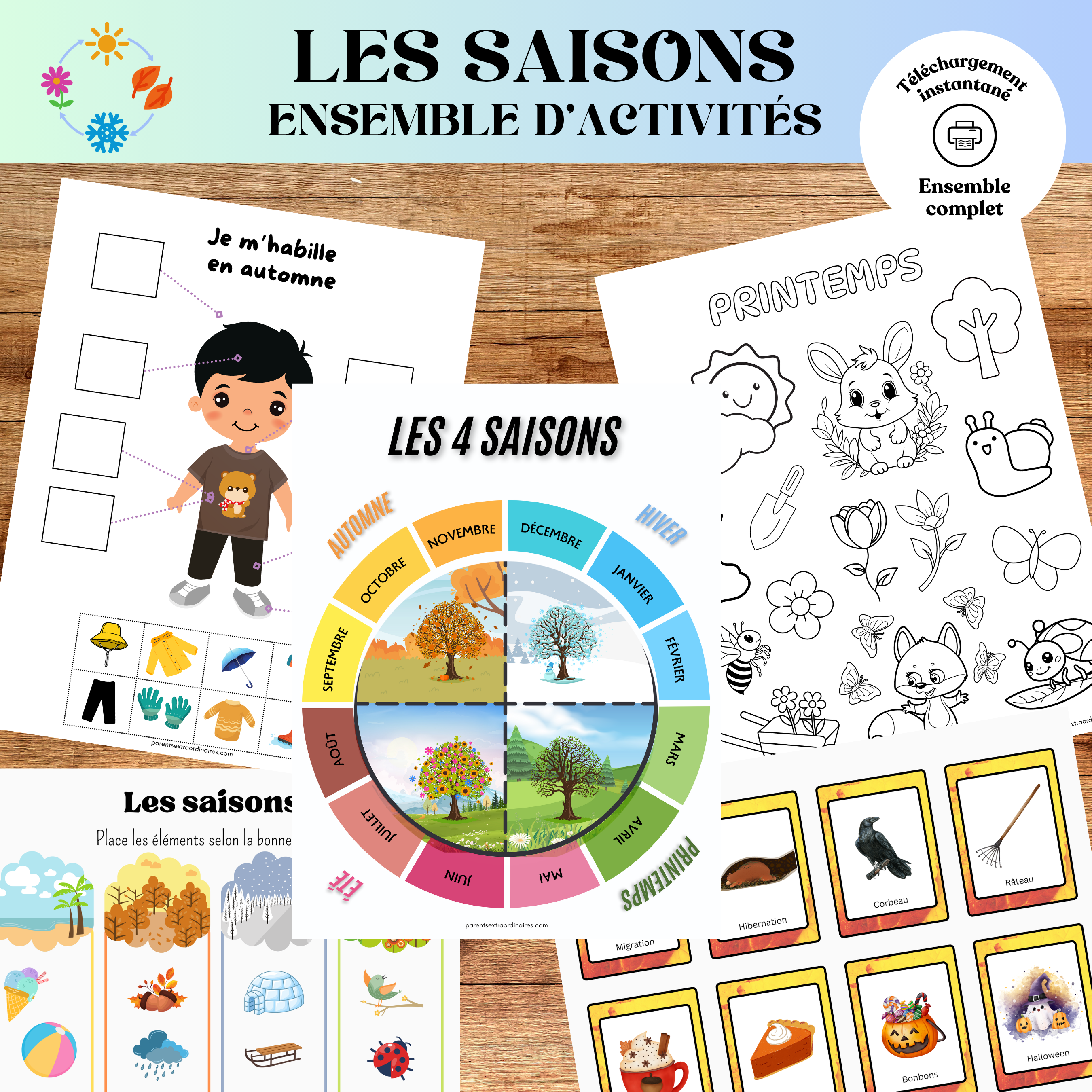Ressource pédagogique imprimable permettant aux enfants d’explorer les quatre saisons grâce à des activités interactives et visuelles. Les enfants apprennent à reconnaître les caractéristiques du printemps, de l’été, de l’automne et de l’hiver tout en développant leur vocabulaire, leur observation et leur compréhension du monde.