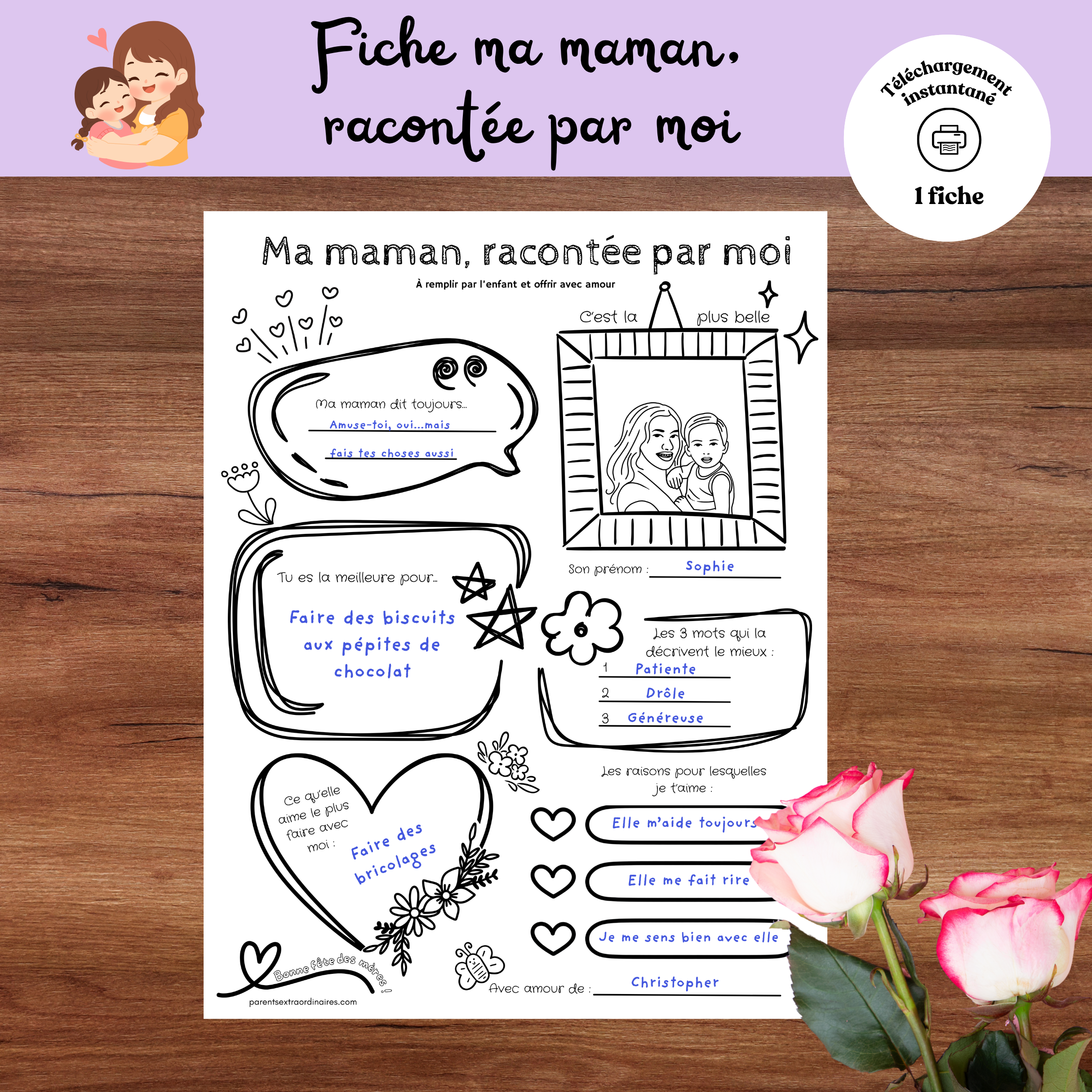 Fiche fête des Mères “Ma maman racontée par moi” à imprimer, activité pour enfants à remplir.