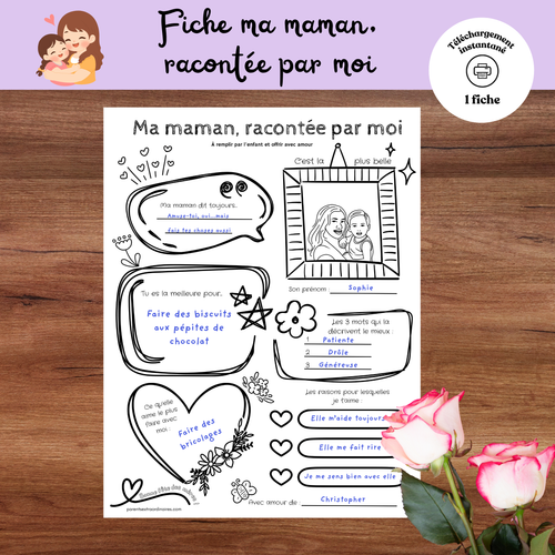 Fiche fête des Mères “Ma maman racontée par moi” à imprimer, activité pour enfants à remplir.