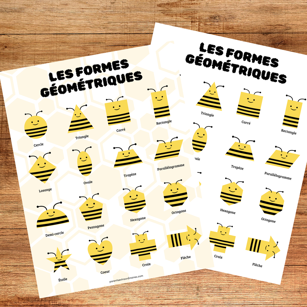 Cartes de nomenclature et affiches éducatives des formes géométriques à imprimer pour apprendre à reconnaître, nommer et différencier les formes au préscolaire et à la maternelle.