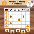 Matrice des citrouilles d’Halloween à imprimer avec cartes à classer selon leur forme et leur visage