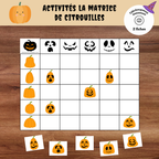 Matrice des citrouilles d’Halloween à imprimer avec cartes à classer selon leur forme et leur visage