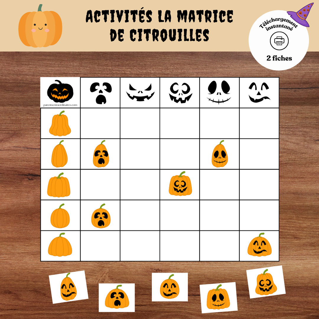 Matrice des citrouilles d’Halloween à imprimer avec cartes à classer selon leur forme et leur visage