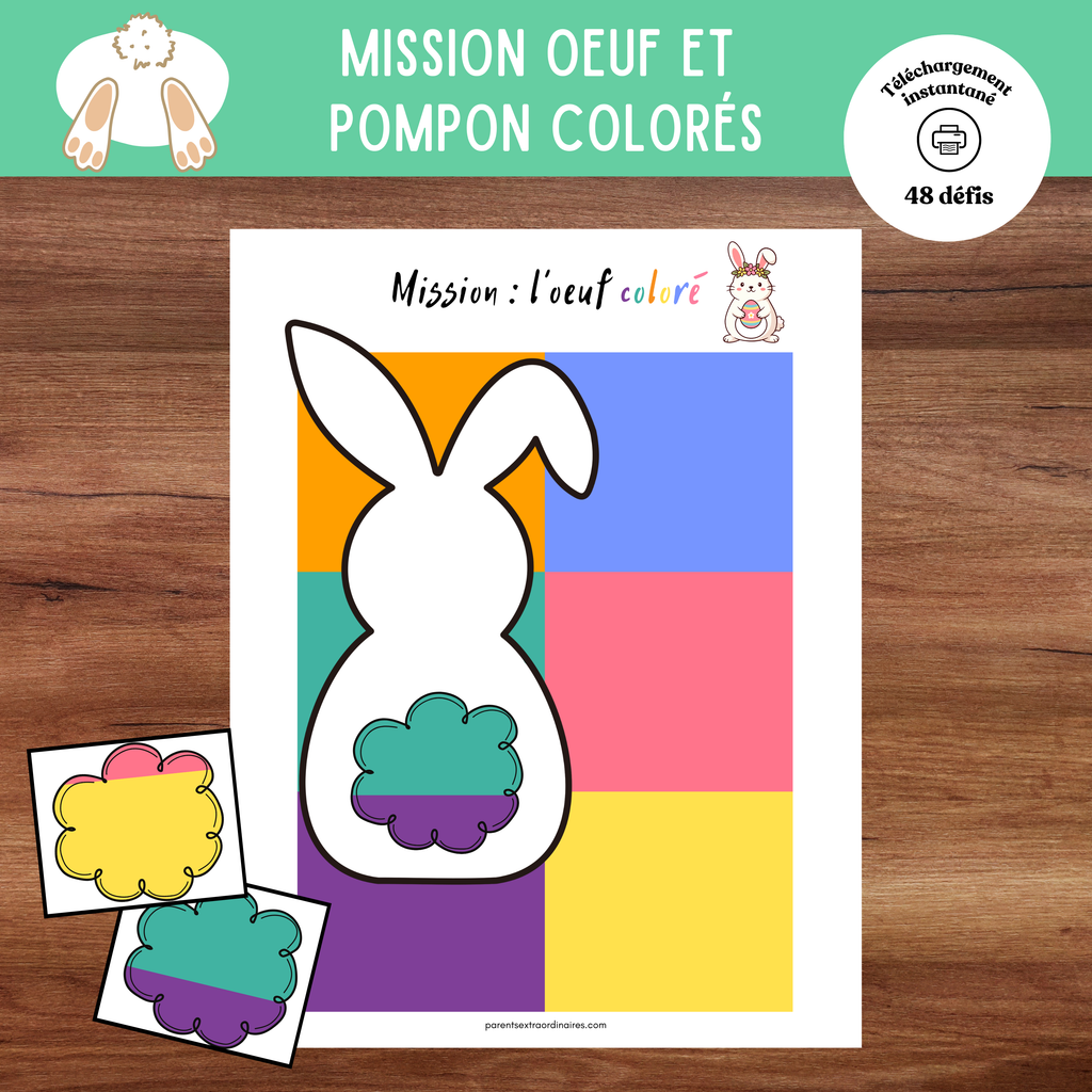 Activité Mission Œufs et Pompons colorés à imprimer où l’enfant reproduit des modèles de couleurs avec un lapin, des pompons et des œufs de Pâques.