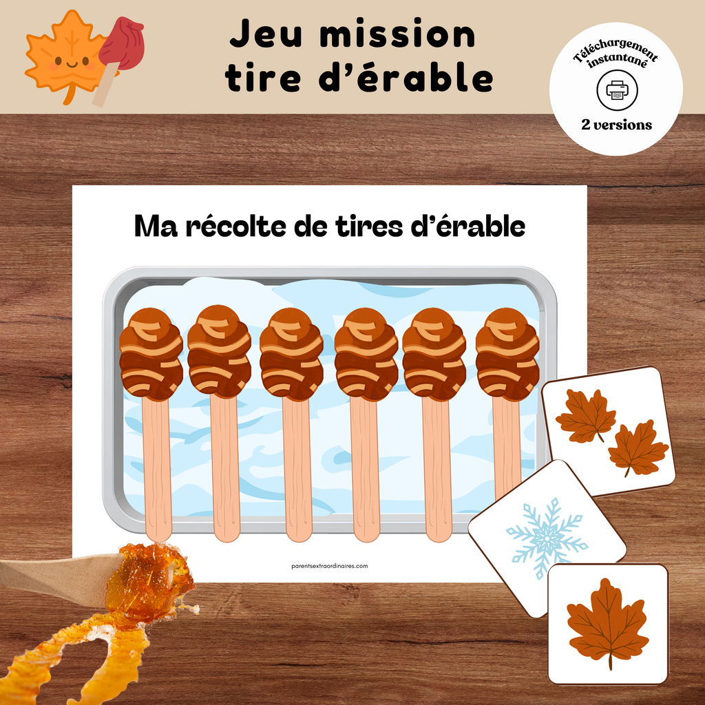 Jeu Mission Tire d'érable à imprimer où les enfants récoltent des tires d'érable grâce à des cartes actions.