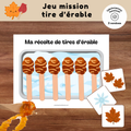 Jeu Mission Tire d'érable à imprimer où les enfants récoltent des tires d'érable grâce à des cartes actions.