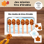 Jeu Mission Tire d'érable à imprimer où les enfants récoltent des tires d'érable grâce à des cartes actions.