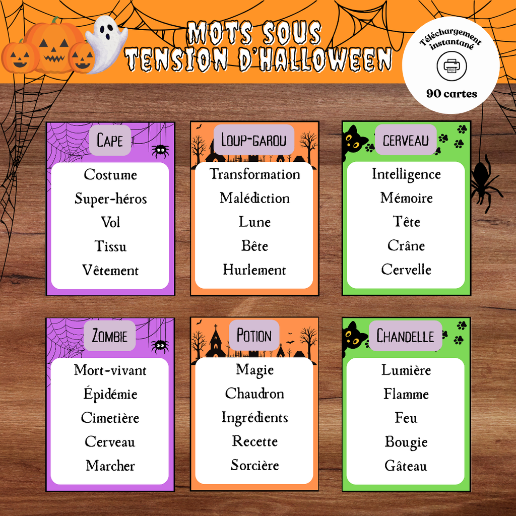 Jeu Mot sous tension d’Halloween à imprimer avec cartes de mots à faire deviner