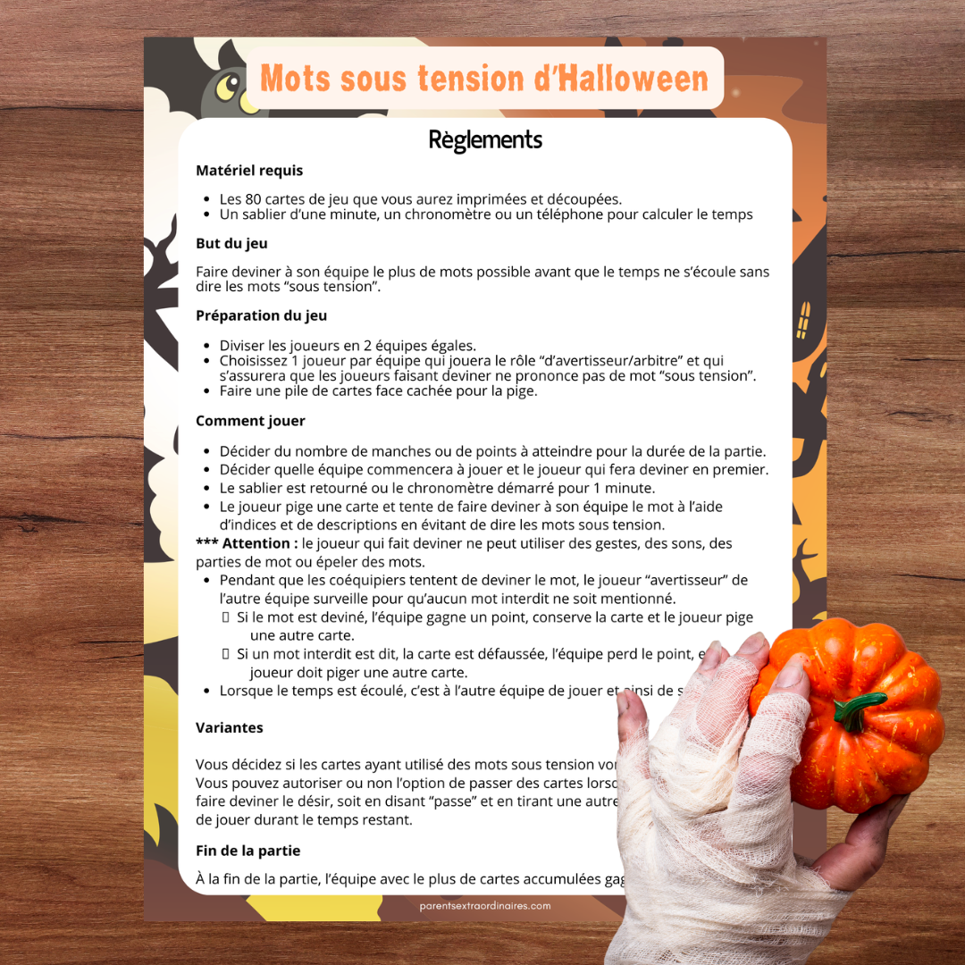 Règlements du jeu Mot sous tension sur le thème de l’Halloween avec mots interdits