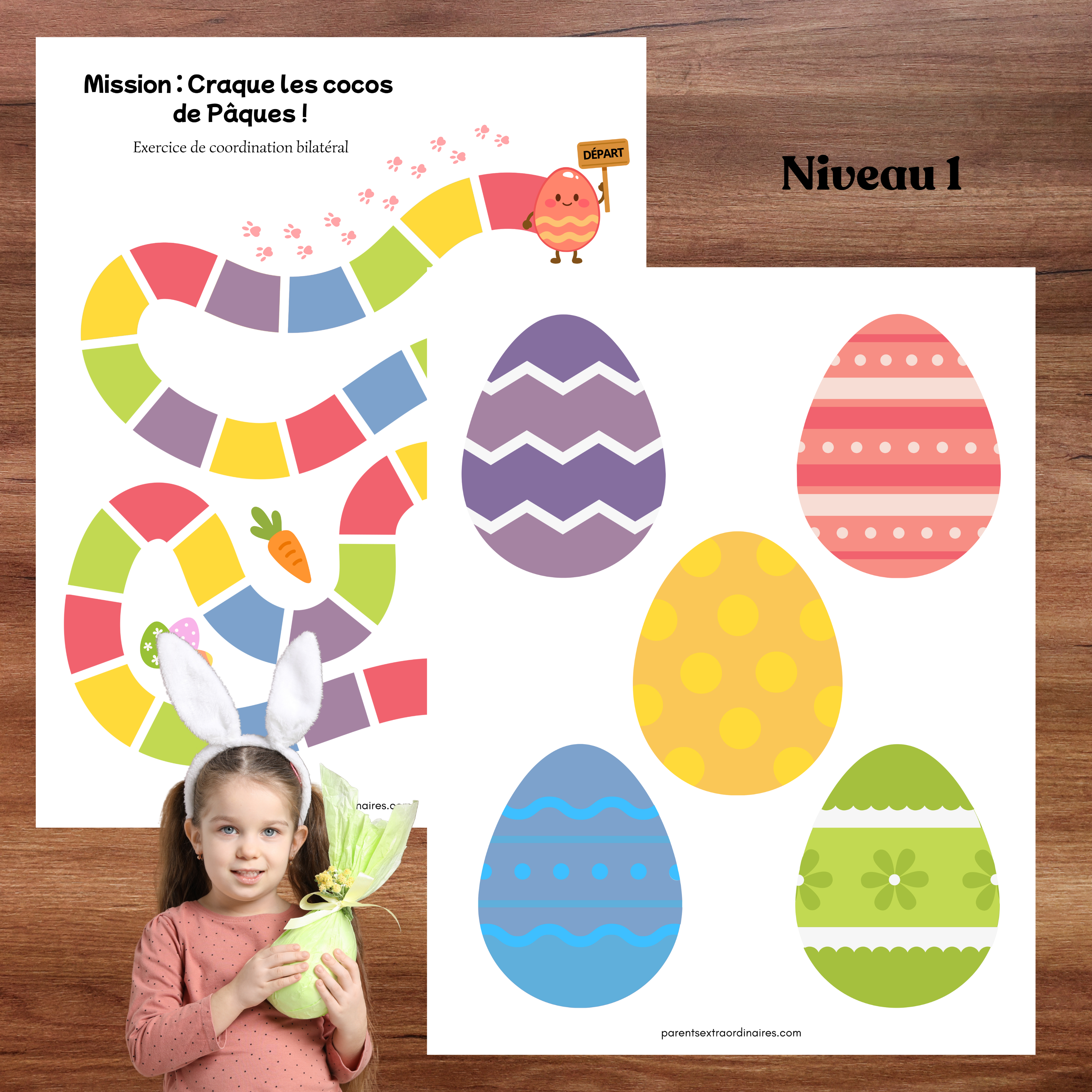 Activité de Pâques où l’enfant utilise ses deux mains ensemble pour réaliser différents mouvements.