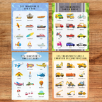 Matériel pédagogique sur les transports conçu pour aider les enfants à reconnaître, nommer et classifier différents véhicules utilisés dans les airs, sur l’eau, sur la route et sur les chantiers de construction. Cette activité favorise le développement du vocabulaire, l’observation et la compréhension du monde.