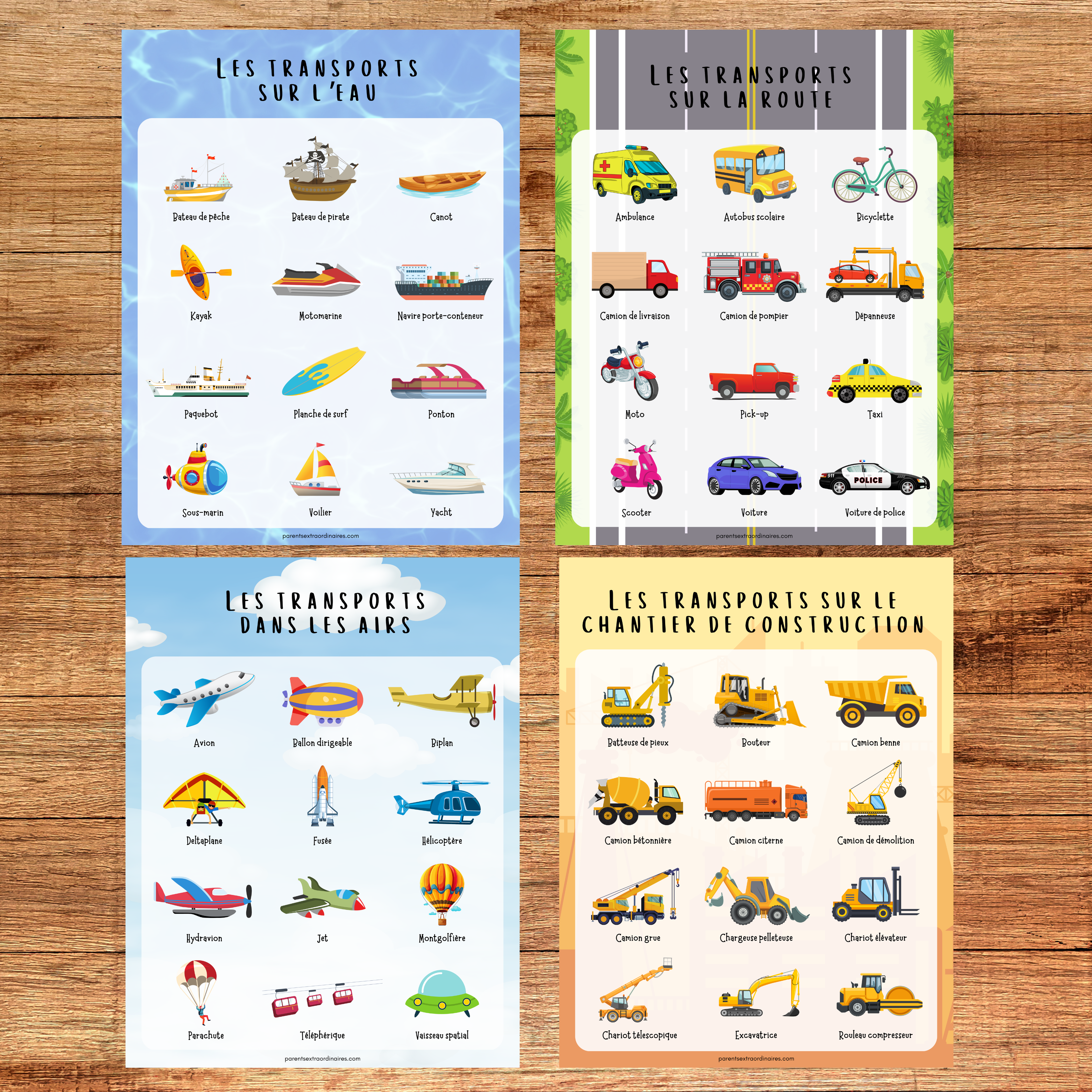 Matériel pédagogique sur les transports conçu pour aider les enfants à reconnaître, nommer et classifier différents véhicules utilisés dans les airs, sur l’eau, sur la route et sur les chantiers de construction. Cette activité favorise le développement du vocabulaire, l’observation et la compréhension du monde.