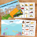 Activités sur les moyens de transport à imprimer pour le préscolaire et la maternelle. Comprend des affiches, cartes de nomenclature, associations et coloriages pour découvrir les véhicules terrestres, aériens, maritimes et de chantier