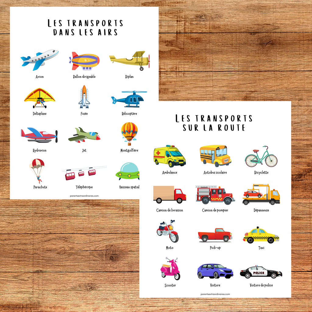 Activités sur les moyens de transport à imprimer pour le préscolaire et la maternelle. Comprend des affiches, cartes de nomenclature, associations et coloriages pour découvrir les véhicules terrestres, aériens, maritimes et de chantier.
