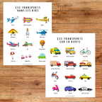 Activités sur les moyens de transport à imprimer pour le préscolaire et la maternelle. Comprend des affiches, cartes de nomenclature, associations et coloriages pour découvrir les véhicules terrestres, aériens, maritimes et de chantier.