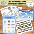 Ensemble d’activités éducatives sur les moyens de transport comprenant des affiches, des cartes de nomenclature, des activités d’association et des coloriages. Une ressource imprimable permettant aux enfants de découvrir les véhicules terrestres, maritimes, aériens et de chantier.