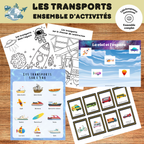 Ensemble d’activités éducatives sur les moyens de transport comprenant des affiches, des cartes de nomenclature, des activités d’association et des coloriages. Une ressource imprimable permettant aux enfants de découvrir les véhicules terrestres, maritimes, aériens et de chantier.