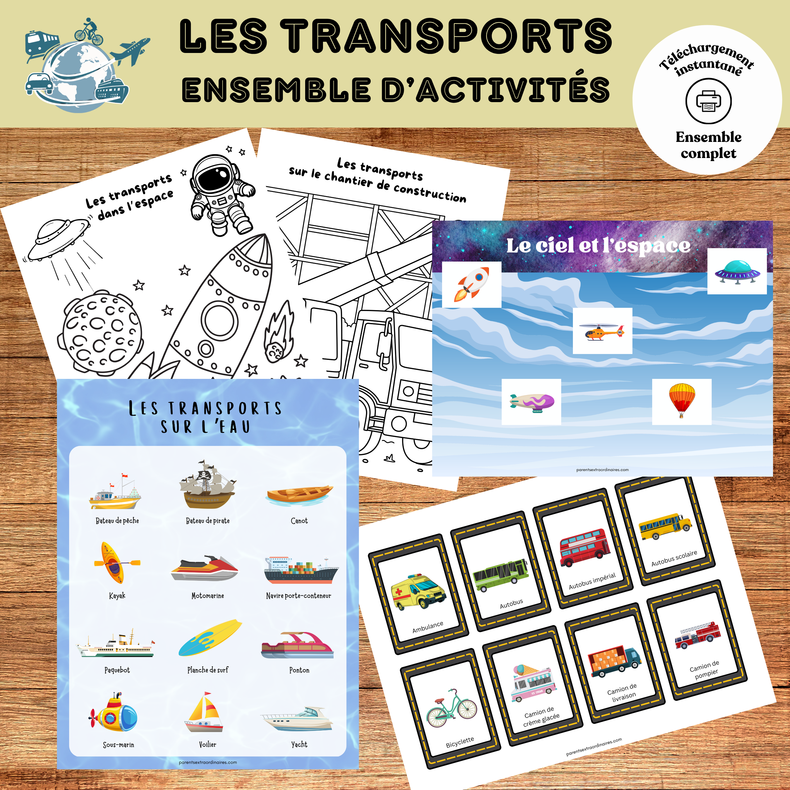 Ensemble d’activités éducatives sur les moyens de transport comprenant des affiches, des cartes de nomenclature, des activités d’association et des coloriages. Une ressource imprimable permettant aux enfants de découvrir les véhicules terrestres, maritimes, aériens et de chantier.