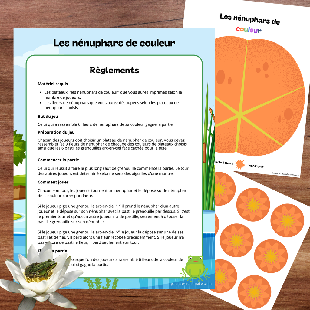 Jeu d'association où les enfants récoltent les nénuphars correspondant à leur couleur.