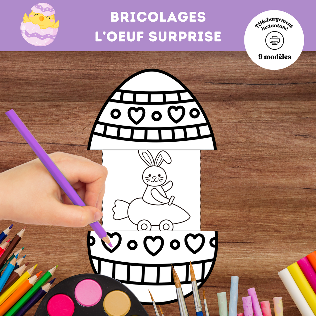 Bricolage œuf surprise de Pâques à imprimer pour enfants à découper, colorier et assembler.