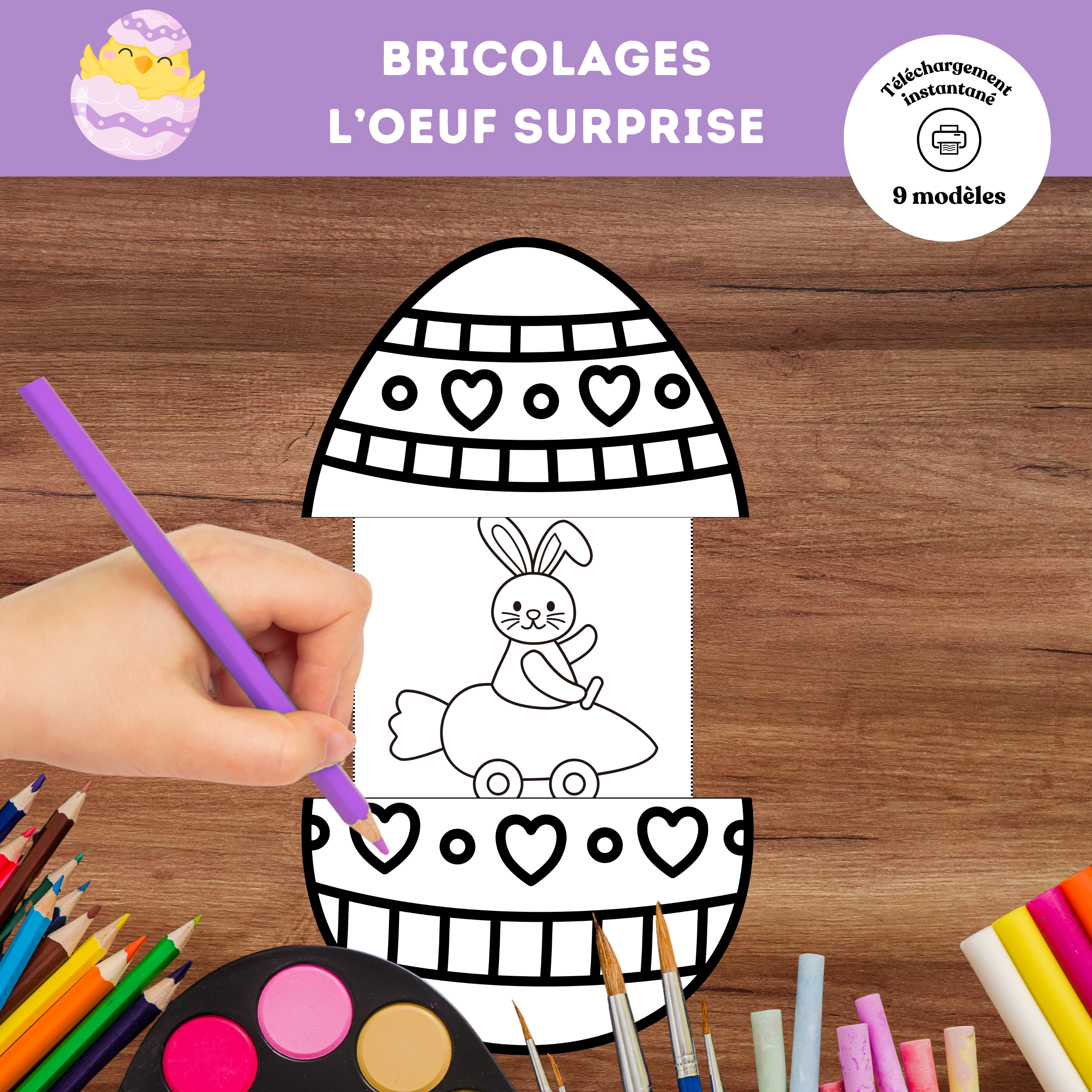 Bricolage œuf surprise de Pâques à imprimer pour enfants à découper, colorier et assembler.