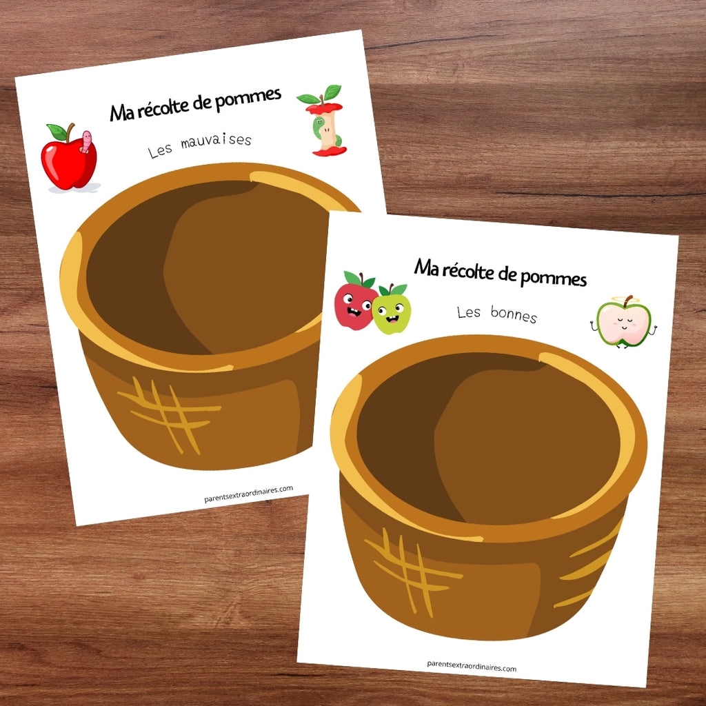 Paniers Bonnes pommes et Mauvaises pommes pour classer les pommes selon ce qu'elles cachent.