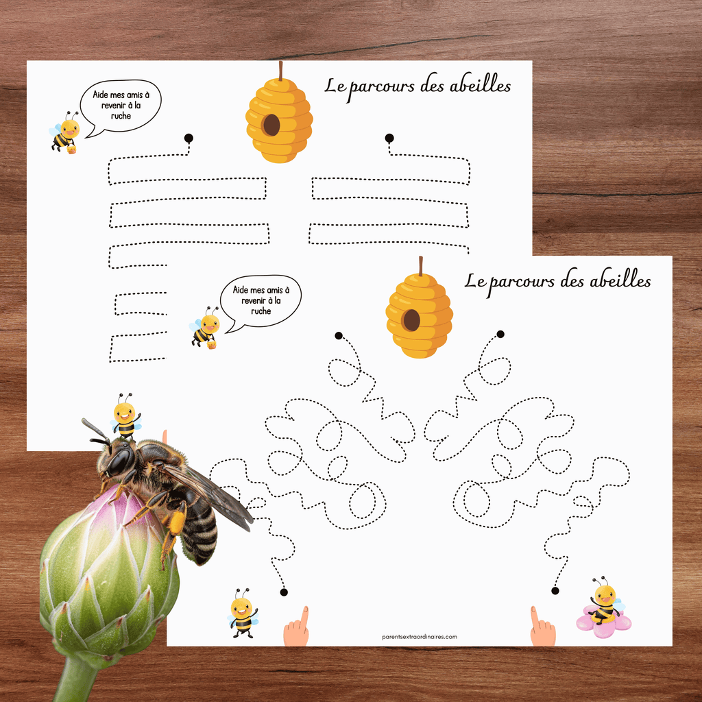 Fiches de tracés à imprimer où l’enfant suit les chemins des abeilles avec un crayon.