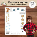 Parcours moteur cabane à sucre à imprimer pour enfants avec défis de motricité et déplacements amusants.
