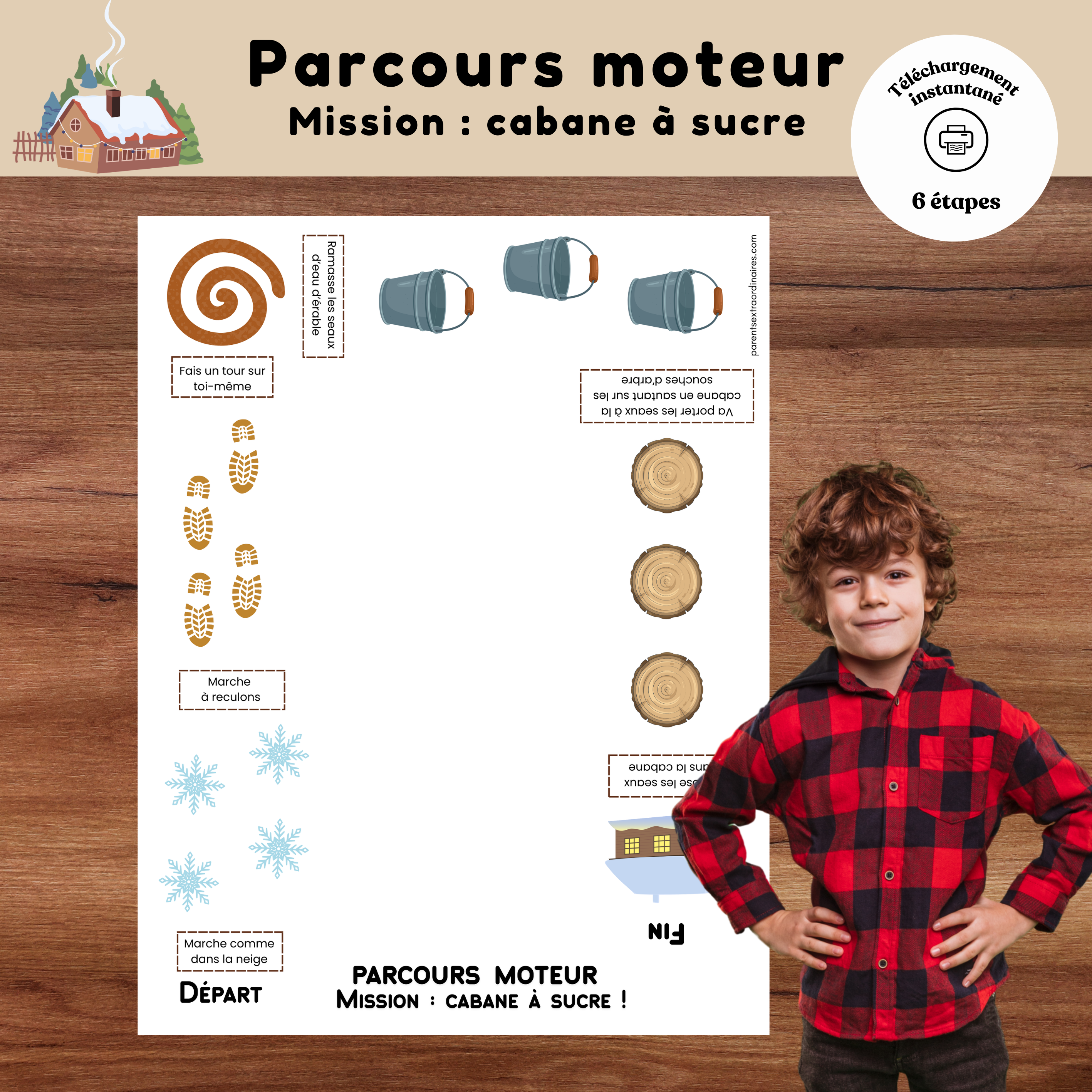 Parcours moteur cabane à sucre à imprimer pour enfants avec défis de motricité et déplacements amusants.