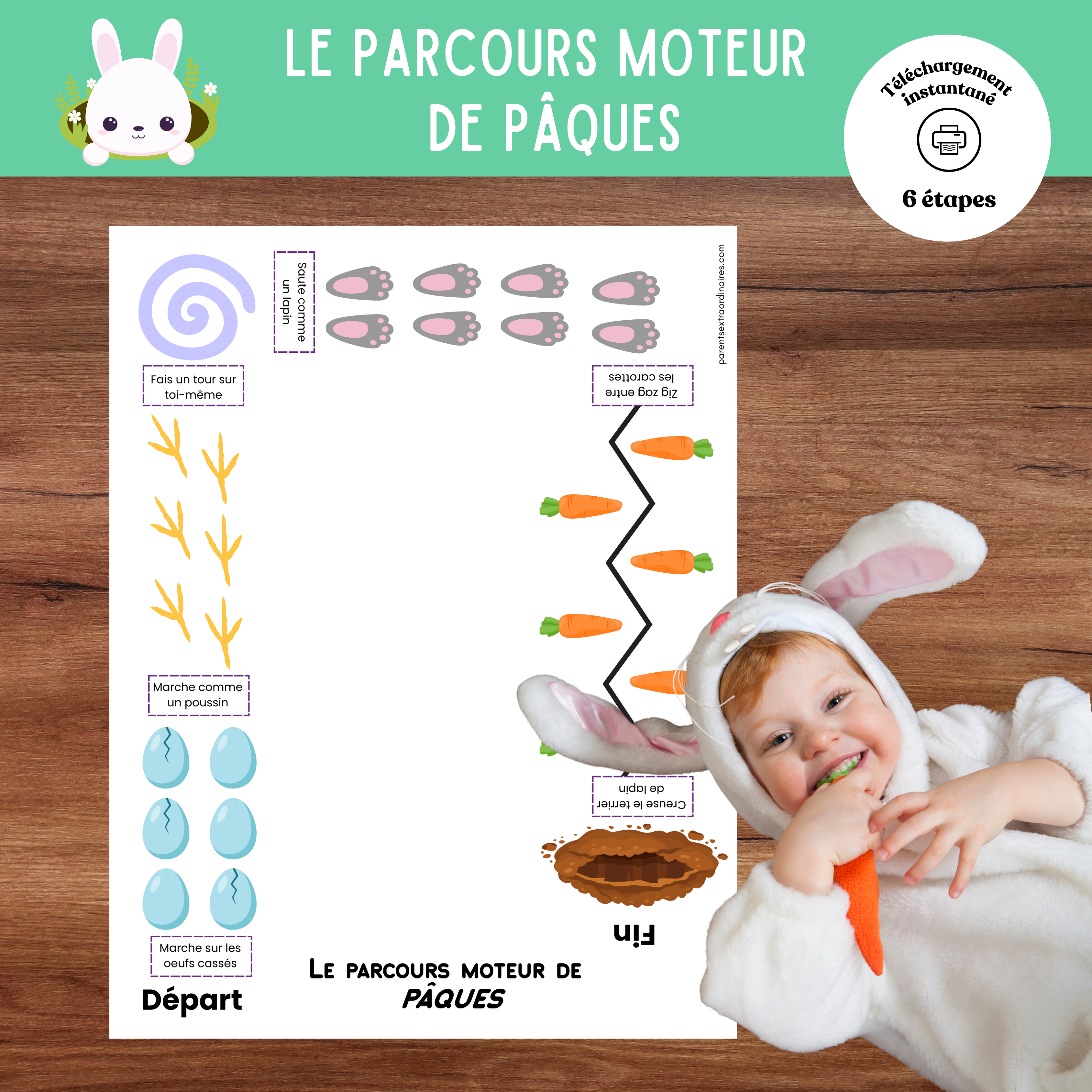 Parcours moteur de Pâques à imprimer où les enfants suivent différentes consignes motrices en se déplaçant d’une image à l’autre.