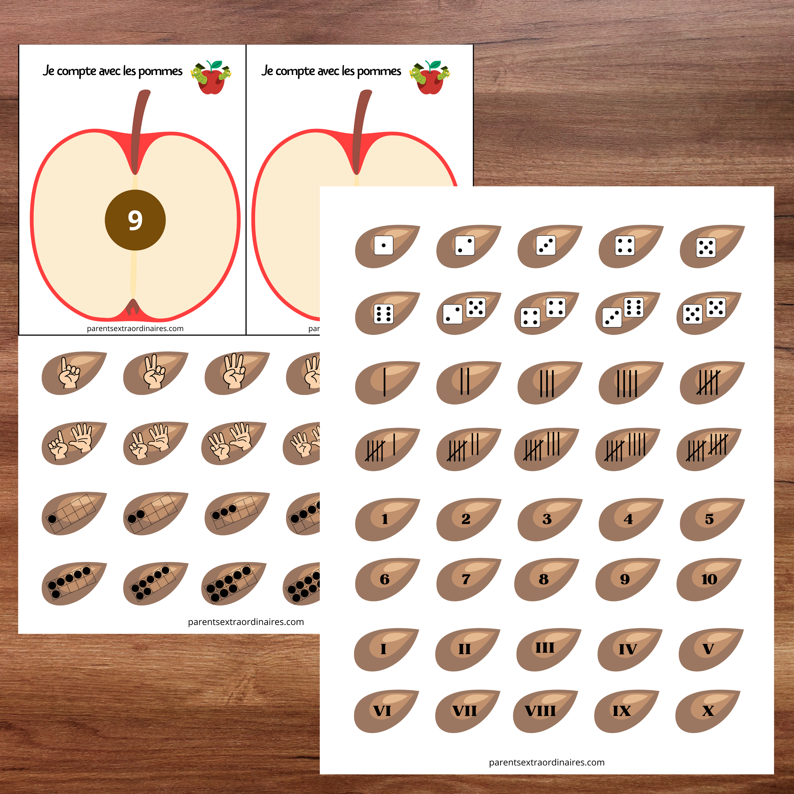 Activité mathématique à imprimer pour apprendre les chiffres de 1 à 10 en manipulant des pépins de pomme.
