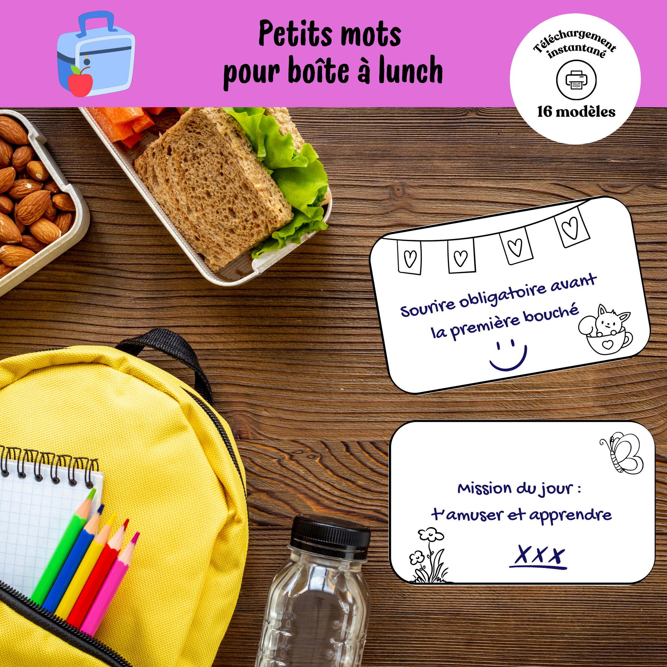 Petits mots pour boîte à lunch à imprimer avec des messages positifs, motivants et affectueux pour encourager les enfants au quotidien. Une activité simple qui apporte réconfort, confiance et bonheur pendant la journée scolaire.