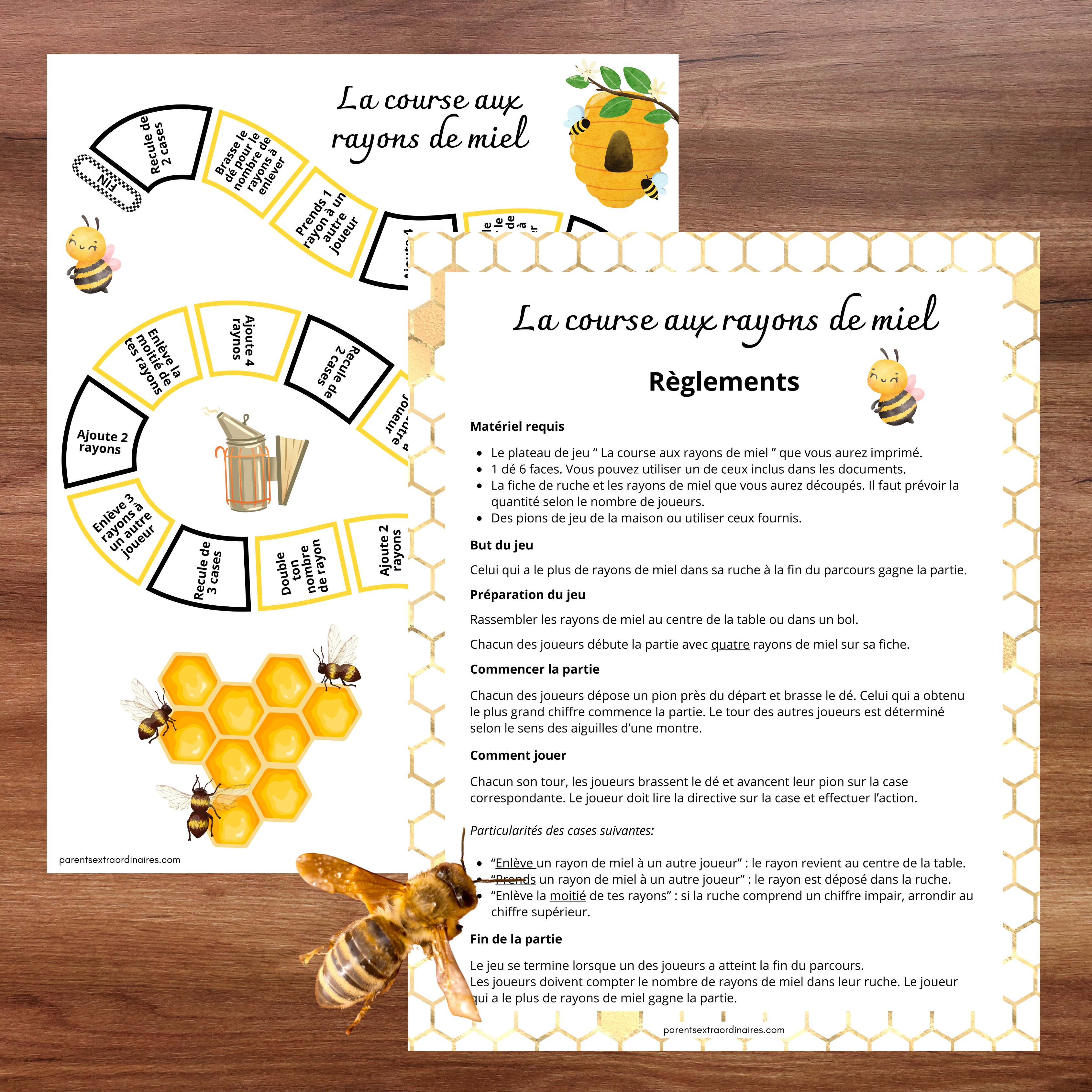 Plateau de jeu sur le thème des abeilles où les joueurs avancent pour récolter des rayons de miel.
