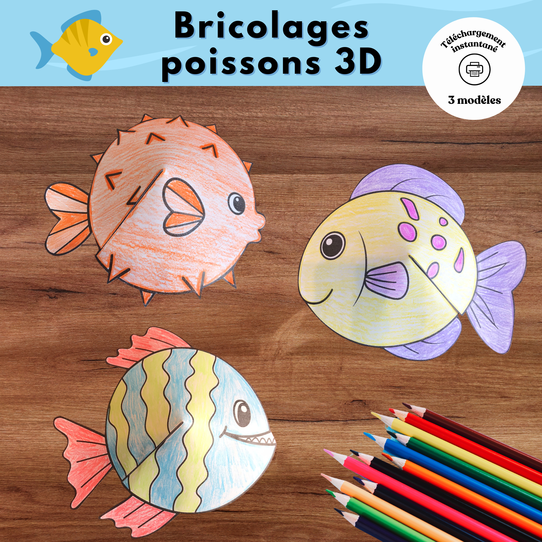 Bricolage gratuit poisson 3D à imprimer pour enfants, activité de découpage et collage.