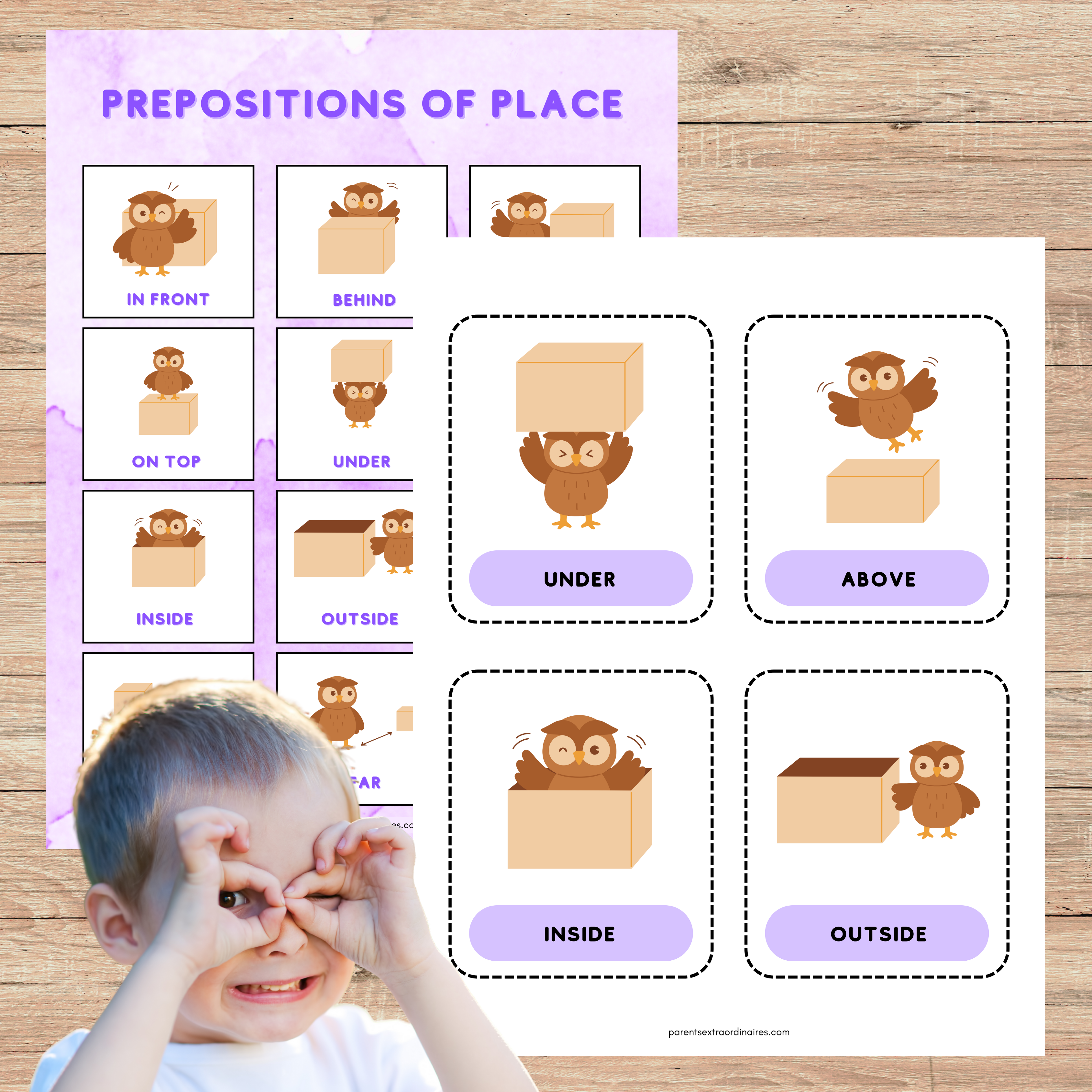 Ensemble d’activités éducatives sur les prépositions de lieu comprenant affiches illustrées et cartes à découper pour apprendre les positions dans l’espace.