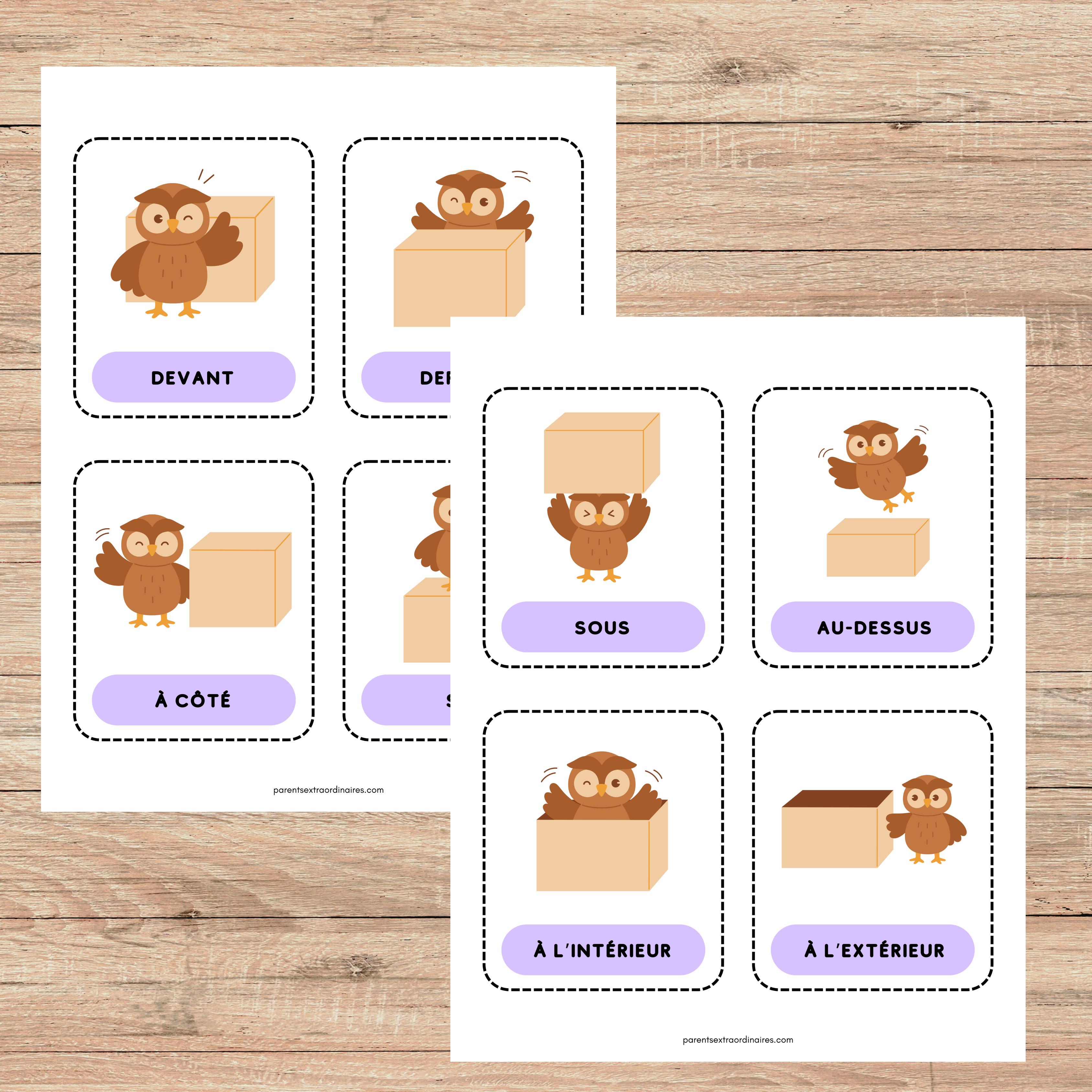 Activité sur les prépositions de lieu à imprimer pour le préscolaire et la maternelle. Comprend des affiches et cartes manipulatoires pour apprendre les notions spatiales comme devant, derrière, sous, sur et entre.