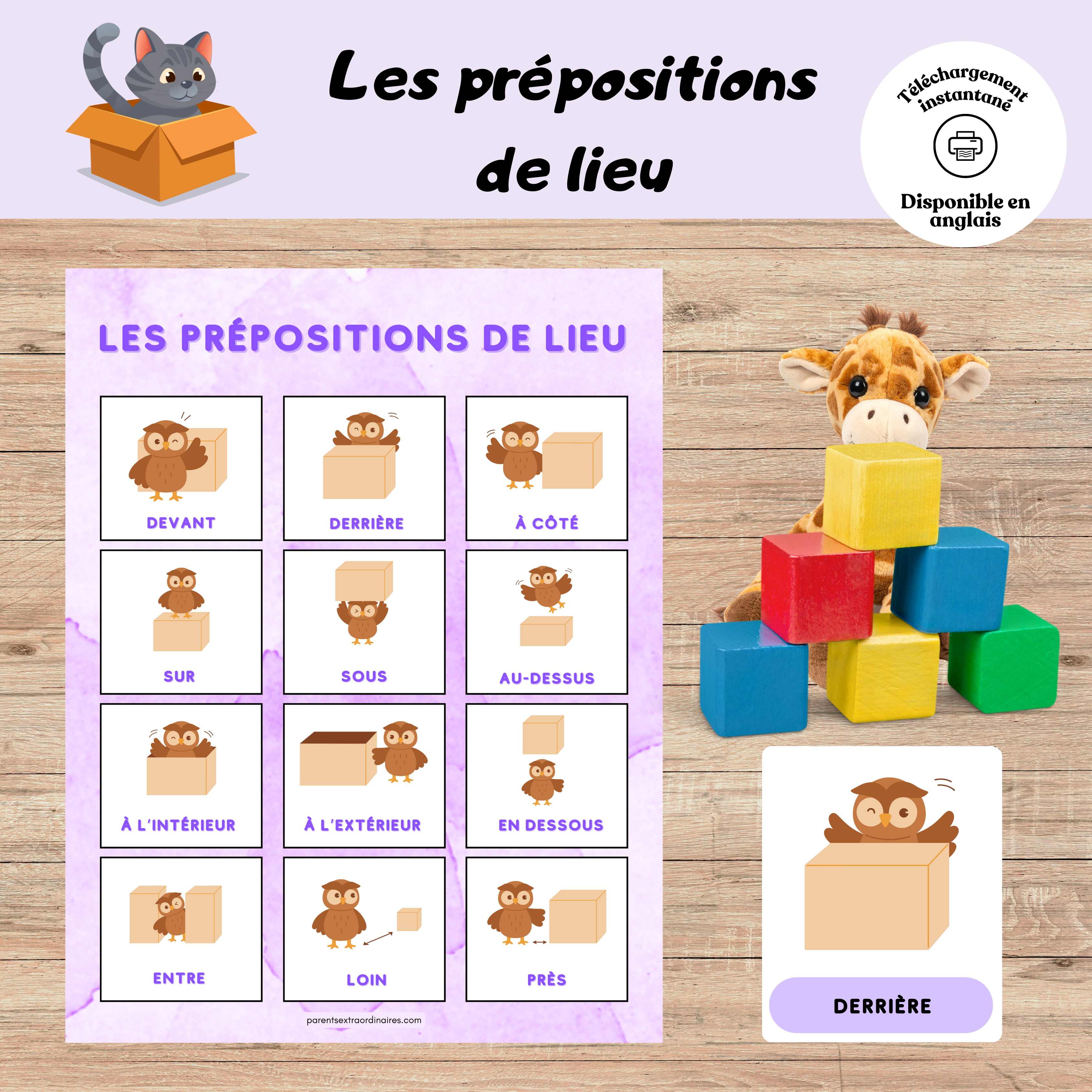 Ensemble d’activités éducatives sur les prépositions de lieu comprenant des affiches et des cartes à découper permettant aux enfants d’apprendre les notions spatiales comme devant, derrière, sous, sur, entre, à côté et plus encore.