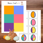Jeu éducatif de Pâques où l’enfant reproduit les couleurs d’un œuf en suivant attentivement la carte modèle.