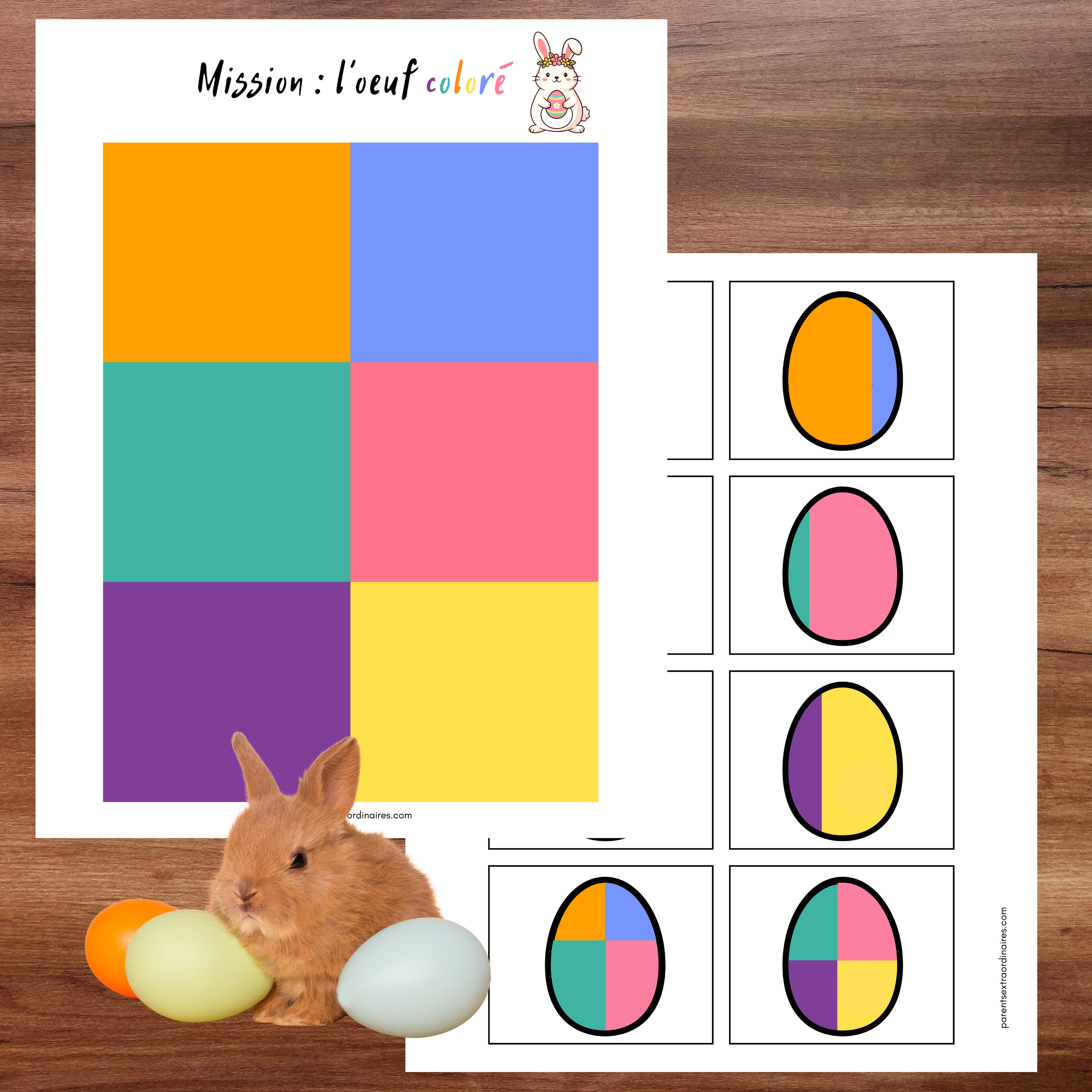Jeu éducatif de Pâques où l’enfant reproduit les couleurs d’un œuf en suivant attentivement la carte modèle.
