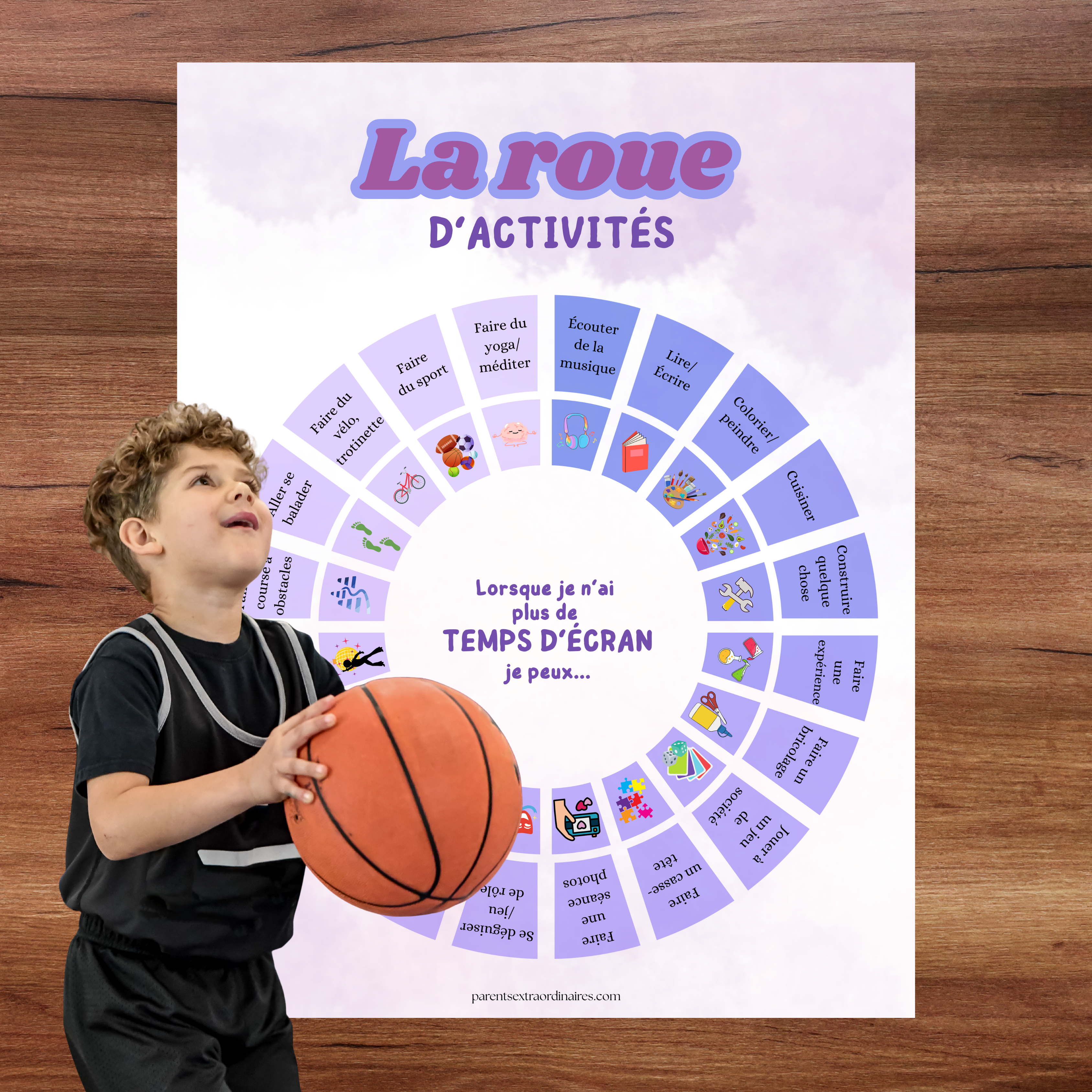 Outil éducatif sous forme de roue d’activités conçu pour encourager les enfants à réduire leur temps d’écran et à découvrir des activités variées. Cette ressource favorise l’autonomie, la créativité, le jeu actif, l’imagination et le plaisir d’apprendre tout en s’amusant loin des écrans.