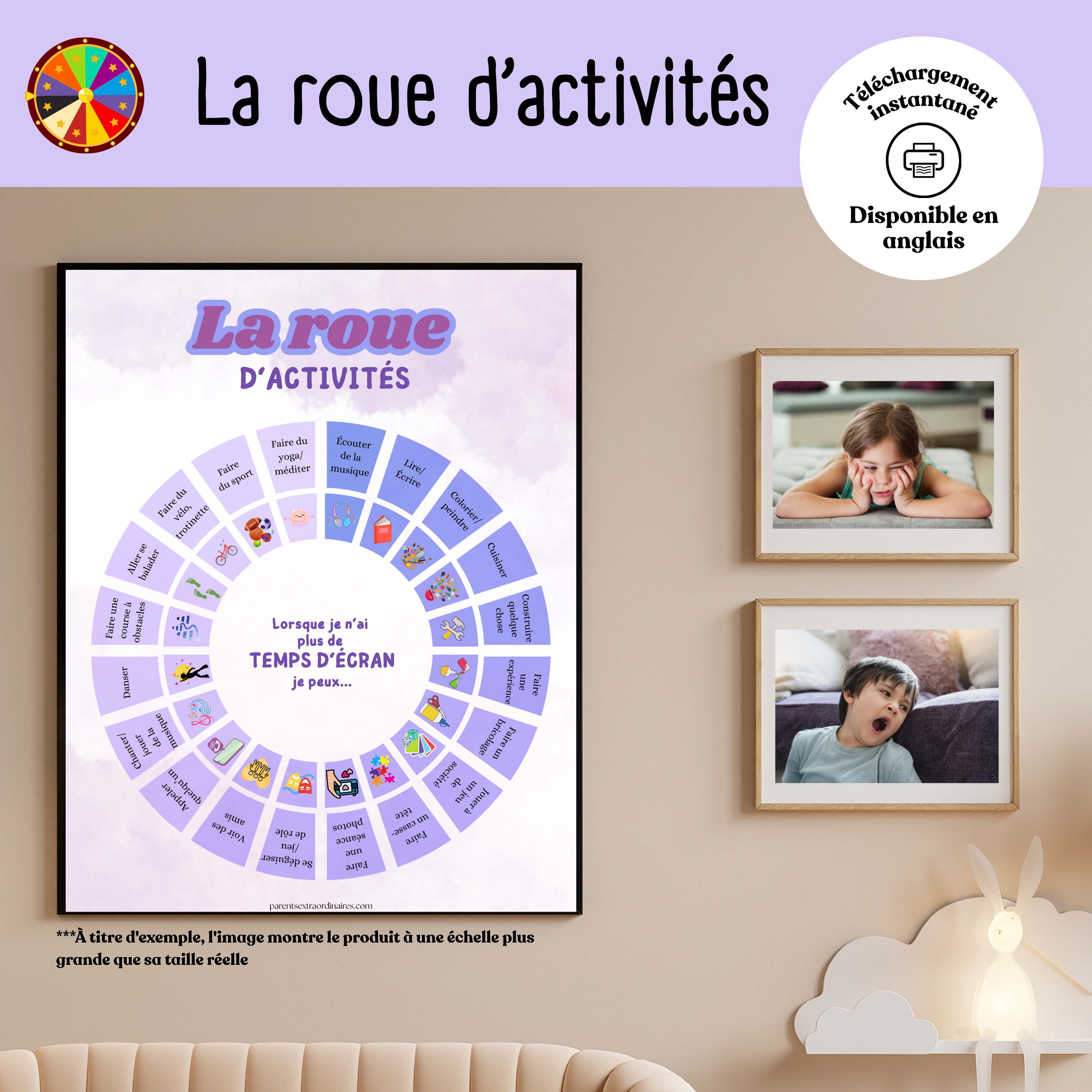 Roue d’activités pause d’écran imprimable proposant différentes idées de jeux, de mouvements, de créations et d’explorations pour aider les enfants à s’occuper sans écran et à développer leur autonomie de façon ludique.